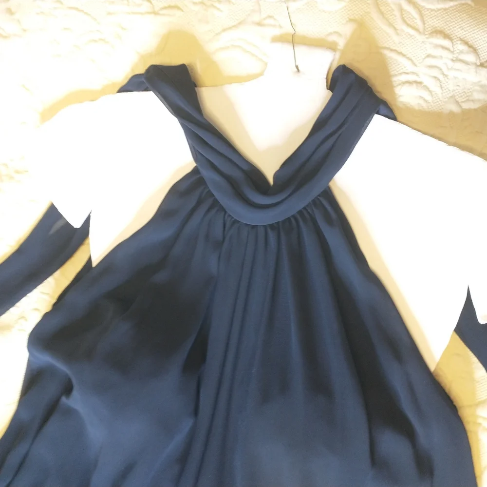 Elegant Formal Navy Blue Wide Leg Chiffon Jumpsuit By Prelude Size L - Picture 4 of 12